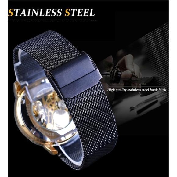 Men's Skeleton Watch Steampunk Watch Mechanical Watch for Men, Black Golden - Picture 7 of 7